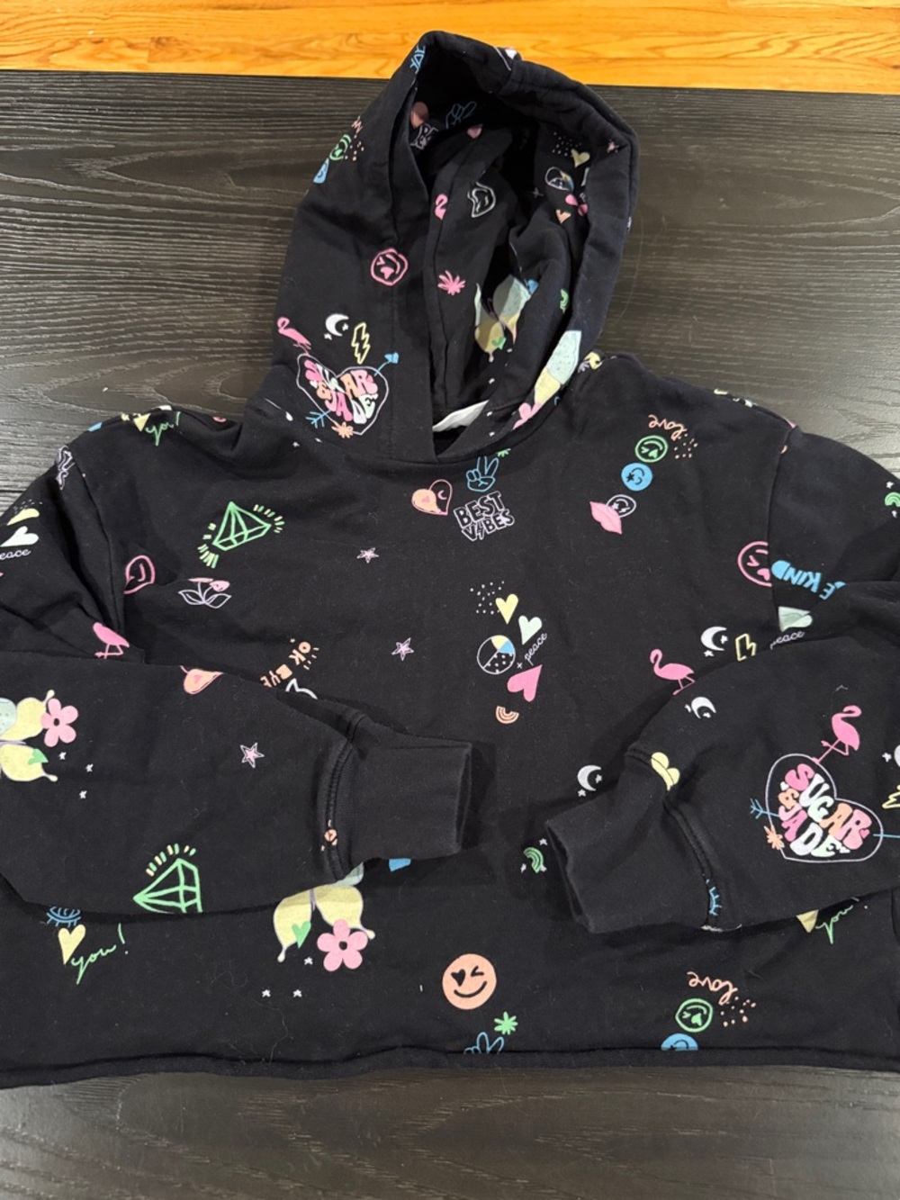Kids Black Graphic Hoodie Sweatshirt - Multicolor Print